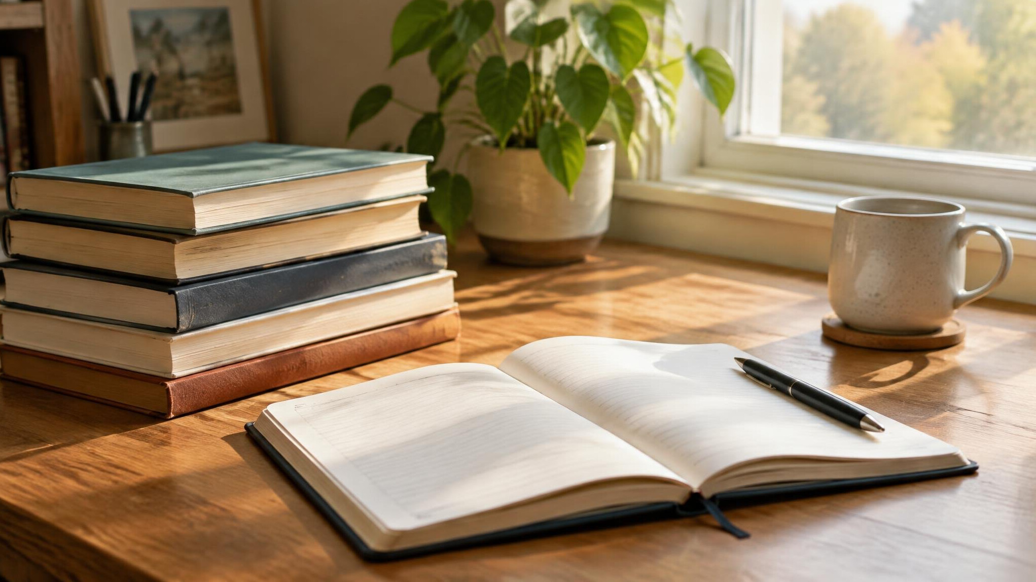 Stack of books and a notebook on a desk with soft light
