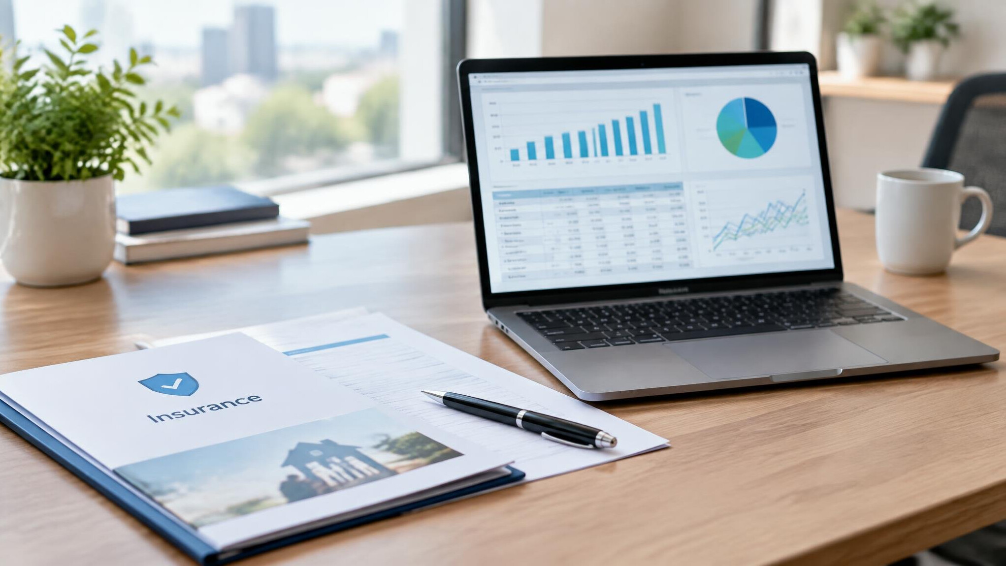 Laptop with insurance documents and charts on a desk