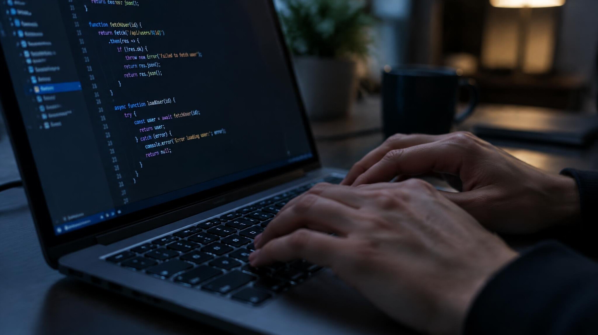 Close-up of hands typing on a laptop keyboard with code on screen